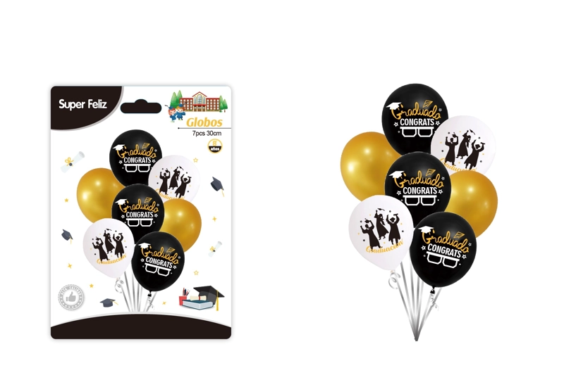 GRADUACION (GLOBOS DE GRADUACION VARIADOS BLANCO-NEGRO-DORADO 7 PCS 30 CM) - 1