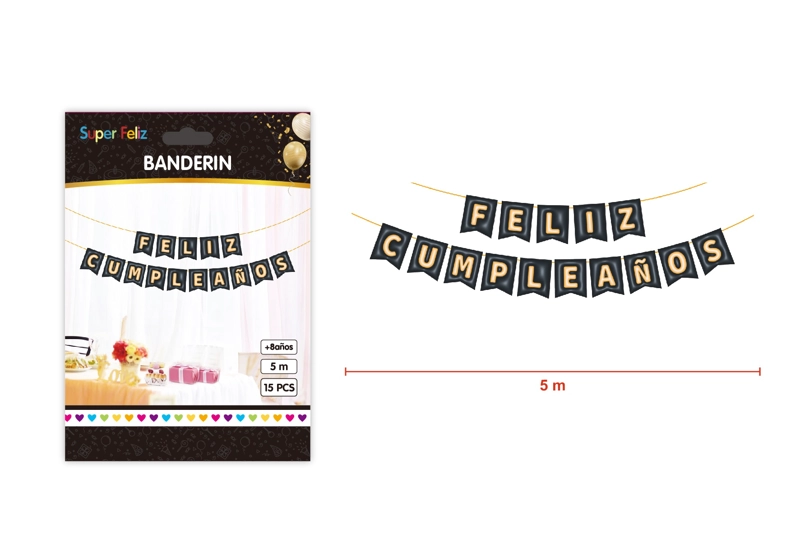 BANDERINES FELIZ CUMPLEAÑOS NEGRO CON LETRAS NARANJA 5 M - 1