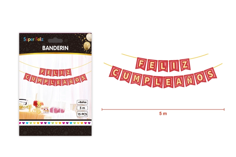 BANDERINES FELIZ CUMPLEAÑOS ROJO CON LETRAS NARANJA 5 M - 1
