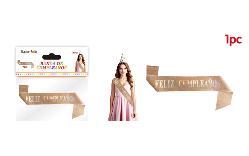 BANDA FELIZ CUMPLEAÑOS DORADA CON LETRAS IRIDICENTES CLARO - 1