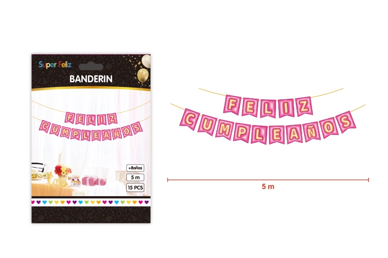 BANDERINES FELIZ CUMPLEAÑOS ROSADO CON LETRAS NARANJA 5 M - 1