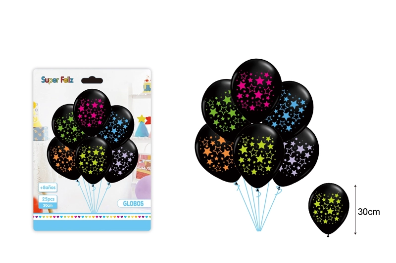 GLOBOS VARIADOS DE COLOR NEGRO CON ESTRELLAS UNICOLOR 30 CM - 1