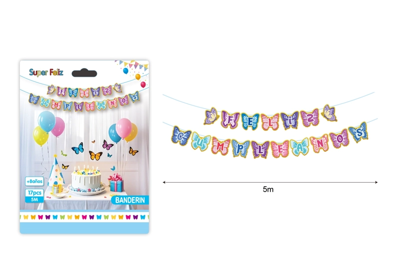 FECHAS PATRIAS (BANDERIN CON FORMA DE MARIPOSA FELIZ CUMPLEAÑOS 5 M 17 PCS) - 1