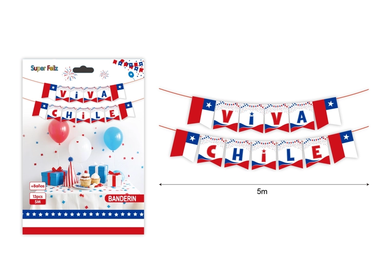 FECHAS PATRIAS (BANDERIN FESTIVO VIVA CHILE 5 M 13 PCS) - 1