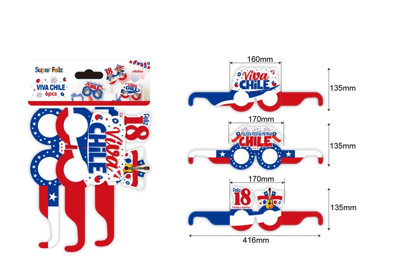 FECHAS PATRIAS (LENTES FESTIVOS CHILE FELICES FIESTAS PATRIAS 416 MM X 135 MM X 160-170 MM 6 PCS) - 1