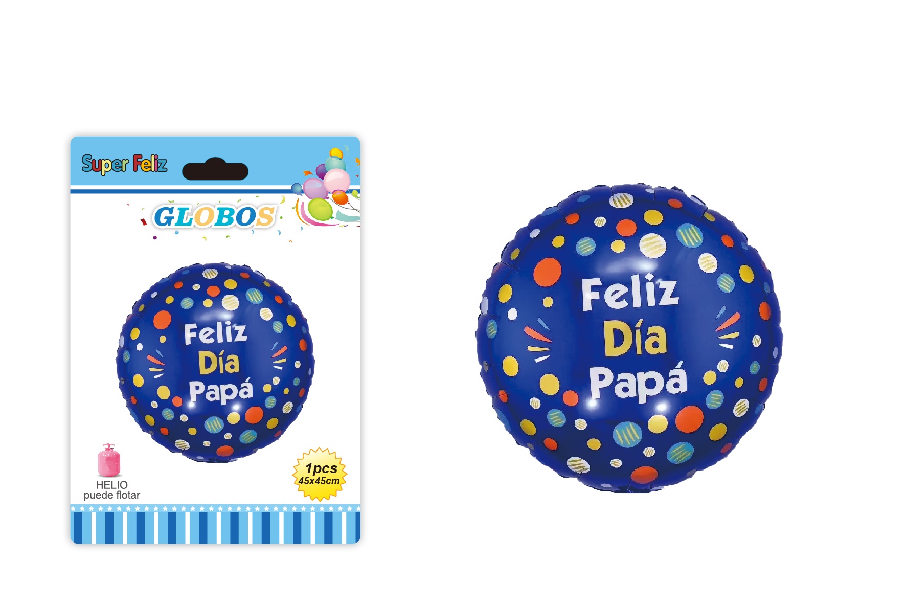 PAPA (GLOBO CIRCULAR AZUL CON LUNARES MULTICOLOR, DE HELIO 45 CM X 45 CM FELIZ DIA PAPA) - 1