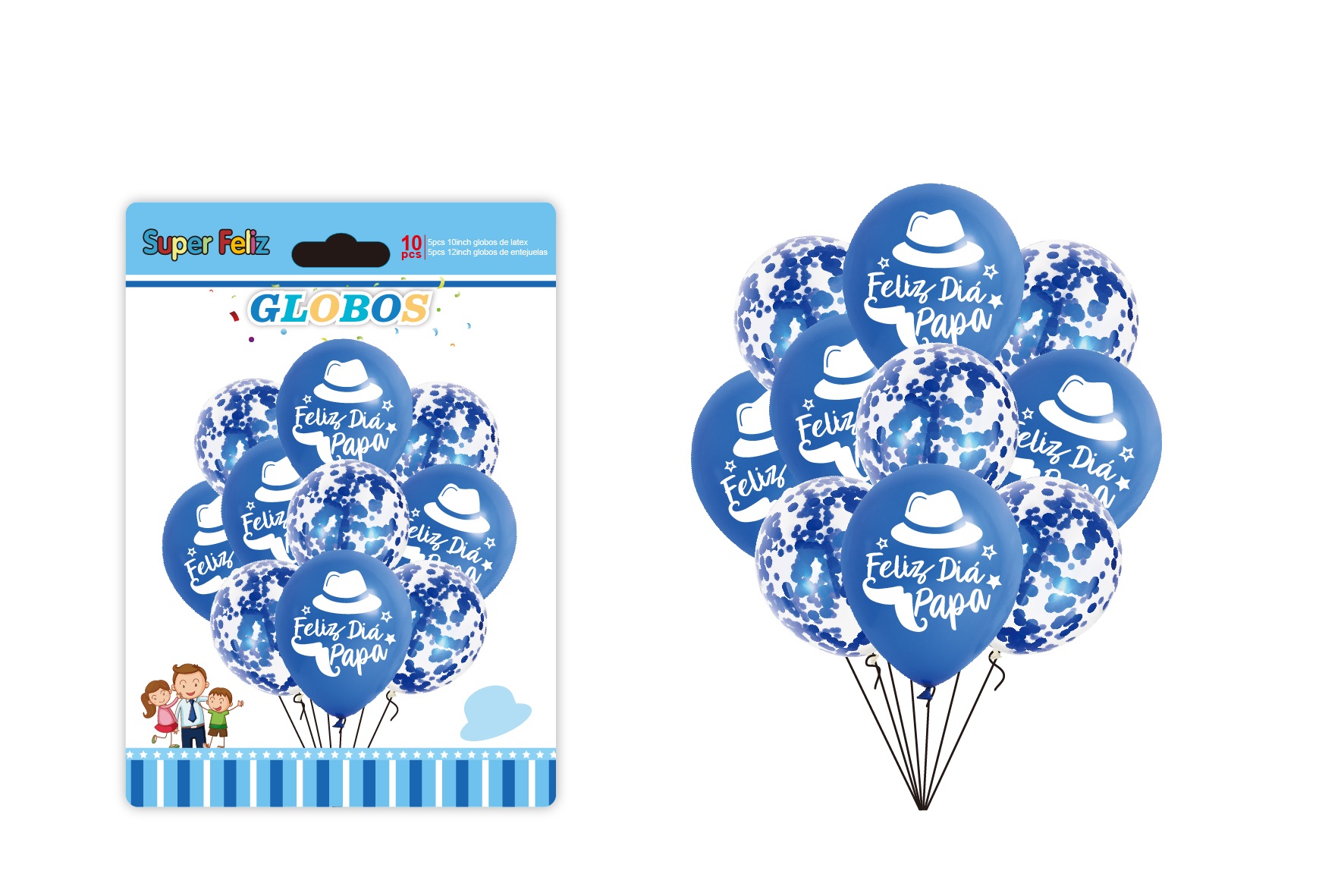 PAPA (GLOBOS FESTIVOS DE LATEX Y LENTEJUELAS DE COLOR AZUL Y TRANSPARENTE CON LUNARES AZULES, FELIZ - 1