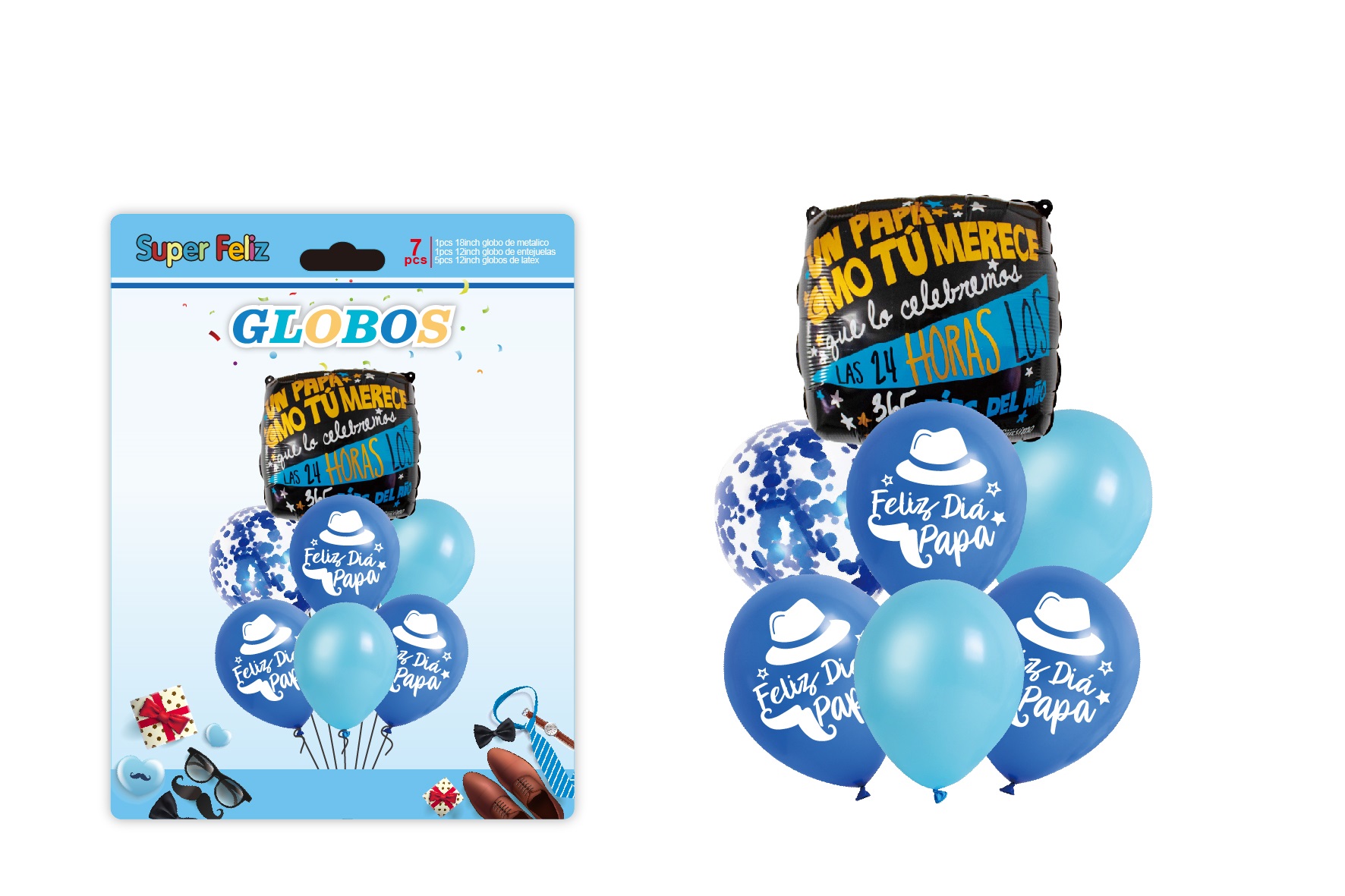 PAPA (GLOBO/AZUL CELESTE/AZUL/BLANCO/SOBRERO Y BIGOTE/CONFETTI AZUL/GLOBO RECTANGULAR NEGRO) - 1