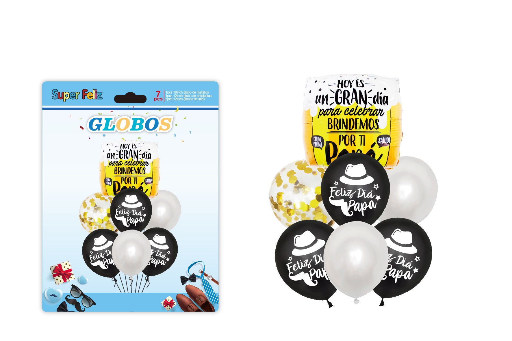 PAPA (GLOBO/PLATEADO/NEGRO/BLANCO/SOBRERO Y BIGOTE/CONFETTI AMARILLO/GLOBO RECTANGULAR) - 1