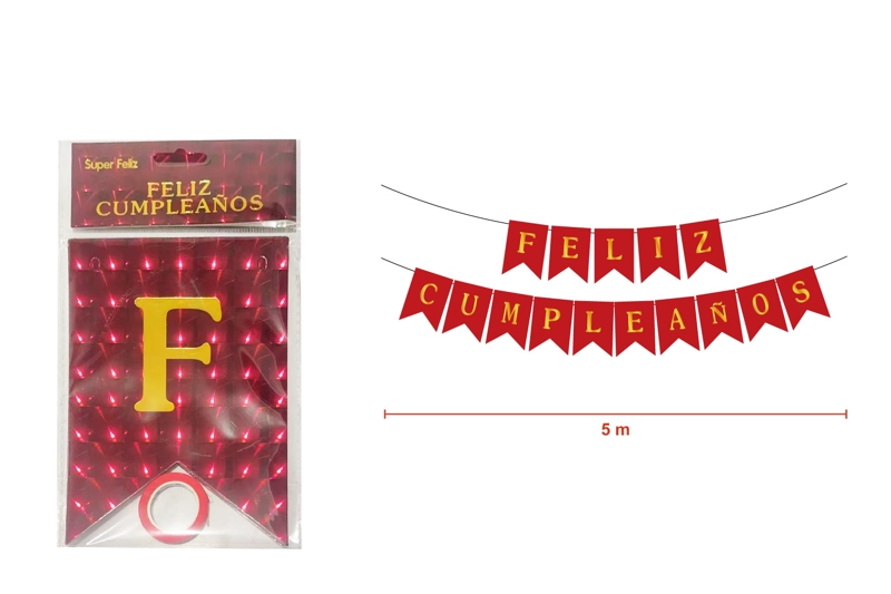 BANDERIN ROJO METALIZADO FELIZ CUMPLEAÑOS 5 M - 1
