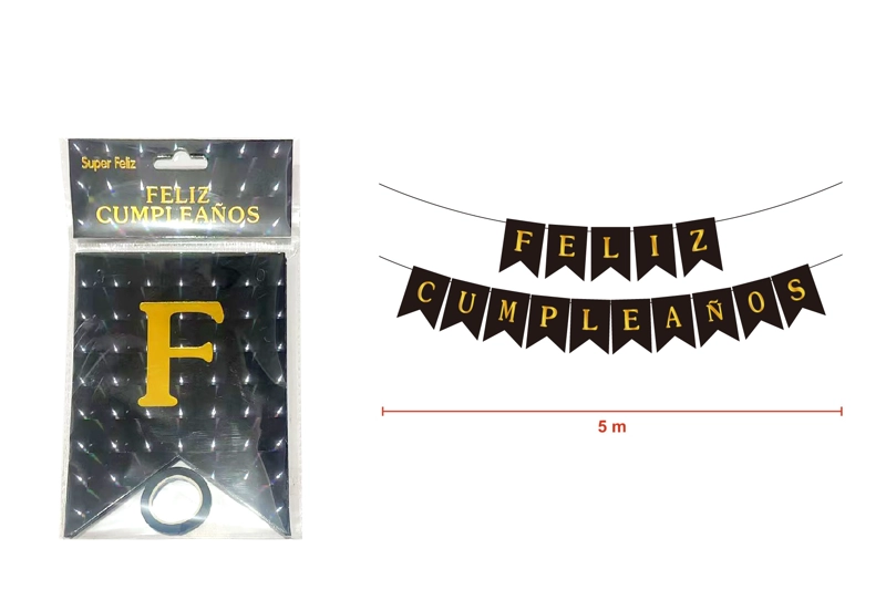 BANDERIN NEGRO METALIZADO FELIZ CUMPLEAÑOS 5 M - 1