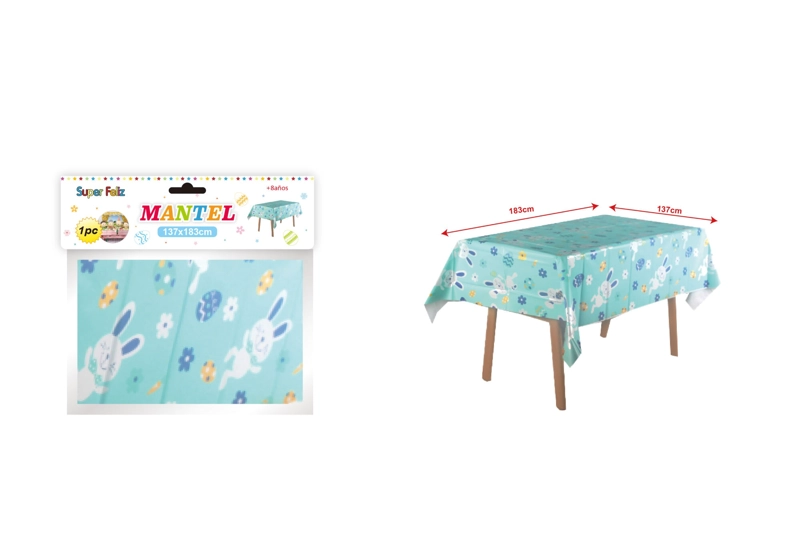 PASCUA MANTEL AZUL CLARO CON CONEJITOS FELIZ PASCUA 137 CM X 183 CM - 1