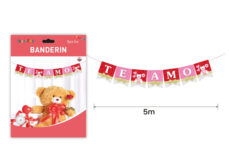 SAN VALENTIN BANDERIN ROJO Y ROSADO TE AMO 5 M 7 PCS - 1
