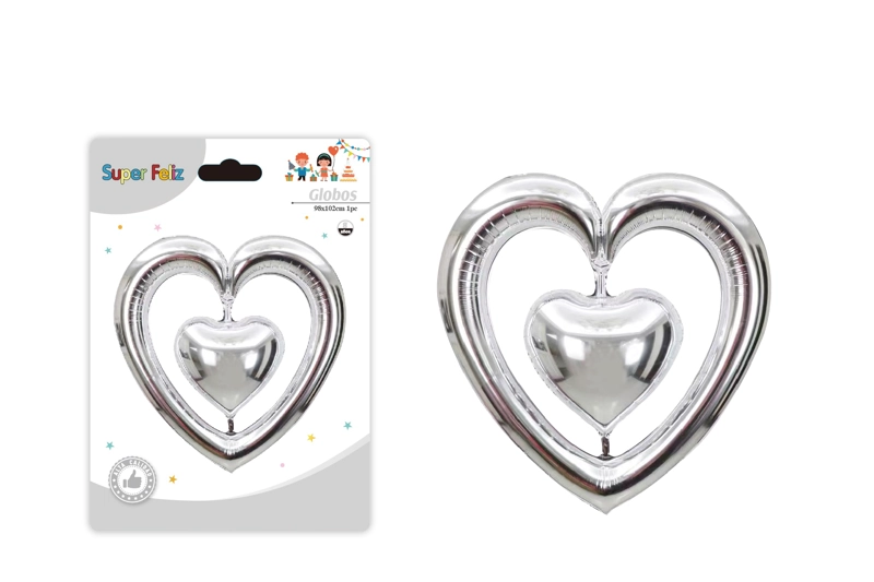 SAN VALENTIN GLOBO PLATEADO EN FORMA DE CORAZON 98 CM X 102 CM - 1
