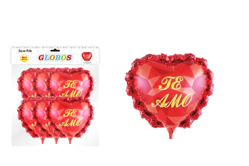 SAN VALENTIN GLOBO METALIZADO ROJO/CORAZON/TE AMO/38X37 CM/6 PCS - 1