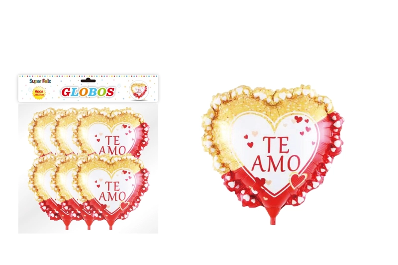 SAN VALENTIN GLOBO ROJO Y DORADO/CORAZON/TE AMO/38X37 CM/6 PCS - 1