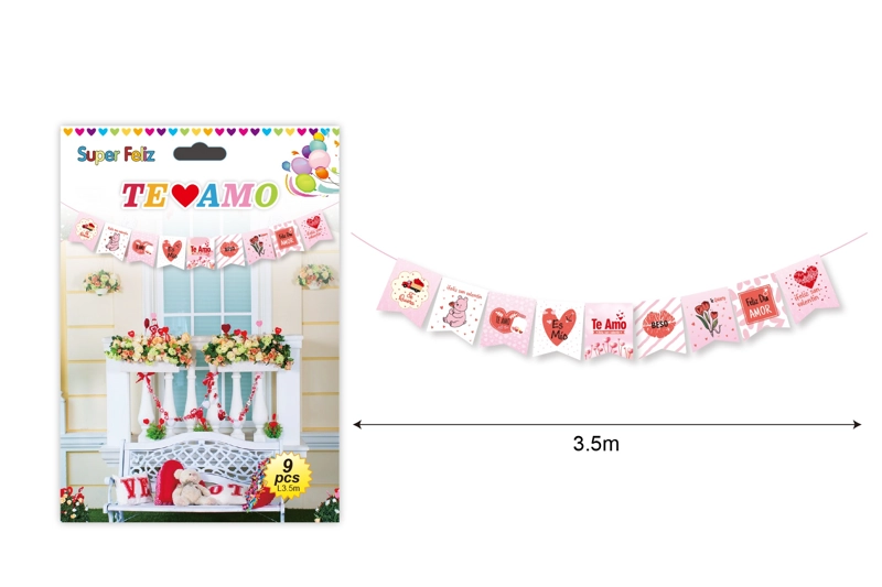 SAN VALENTIN BANDERIN ROSA Y BLANCO/TE AMO/3.5 CM/9 PCS - 1