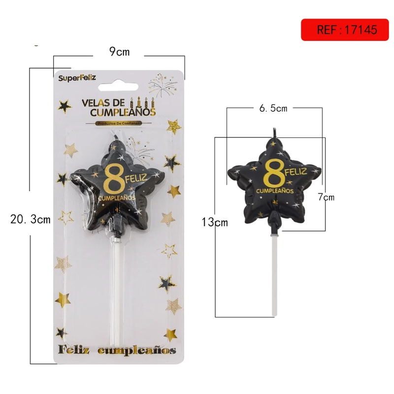 VELA CUMPLEAÑOS ESTRELLA NUMERO 8 NEGRO CON DORADO 9X20.3CM 17145-8 - 1