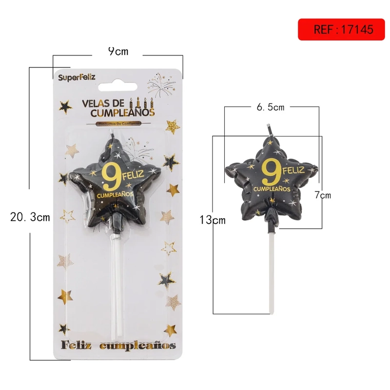 VELA CUMPLEAÑOS ESTRELLA NUMERO 9 NEGRO CON DORADO 9X20.3CM 17145-9 - 1