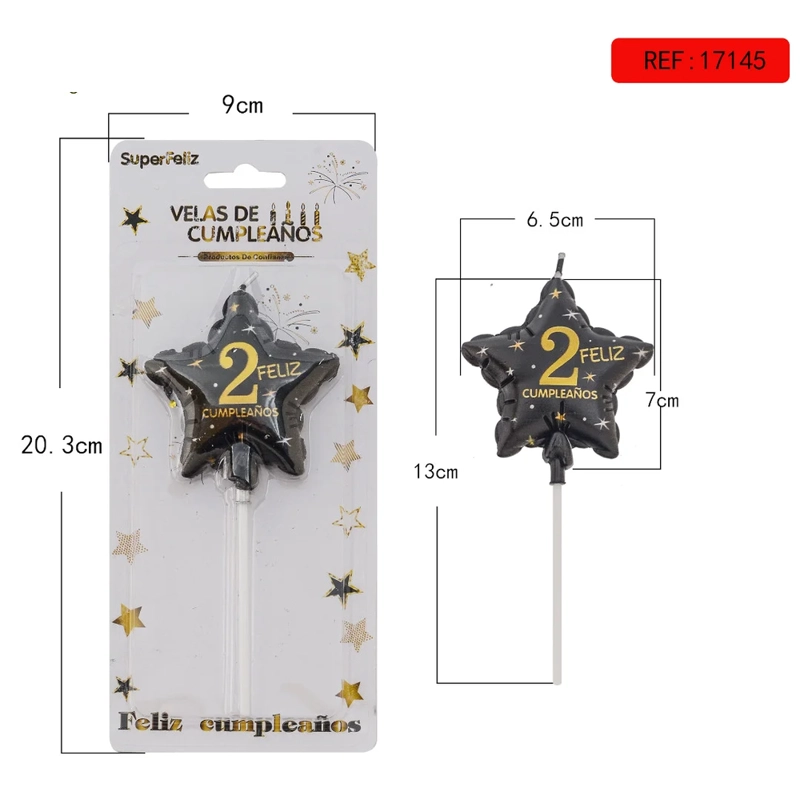 VELA CUMPLEAÑOS ESTRELLA NUMERO 2 NEGRO CON DORADO 9X20.3CM 17145-2 - 1