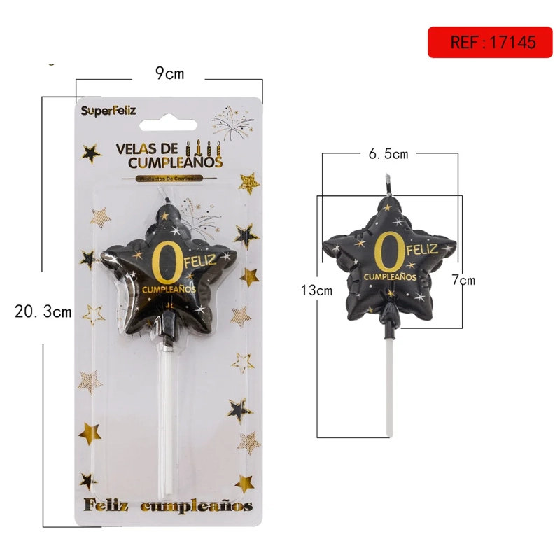 VELA CUMPLEAÑOS ESTRELLA NUMERO 0 NEGRO CON DORADO 9X20.3CM 17145-0 - 1
