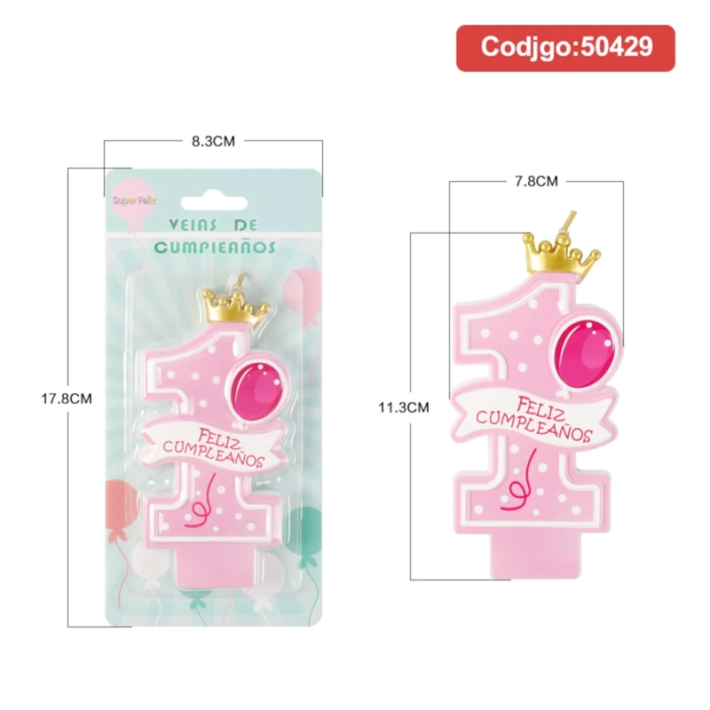 VELA NUMERO 1 ROSADA CON CORONA DORADA 50429 - 1