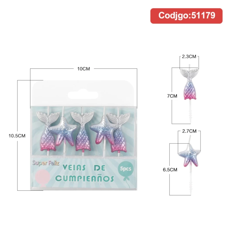 VELA CUMPLEAÑOS COLA DE SIRENA Y ESTRELLA EN COLORES 51179 - 1