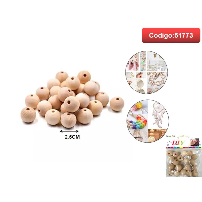 CUENTAS REDONDAS DE MADERA COLOR NATURAL 2.5CM 51773 - 1