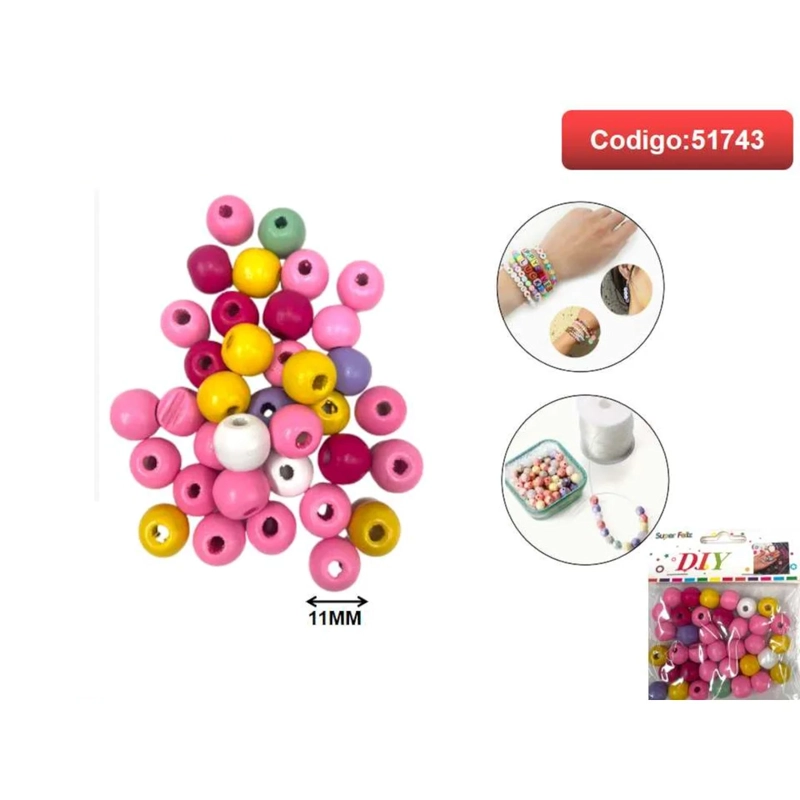 CUENTAS DE MADERA PINTADAS EN COLORES SURTIDOS 11MM 51743 - 1