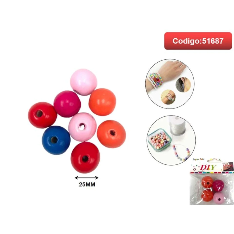 CUENTAS DE MADERA PINTADAS EN COLORES SURTIDOS 25MM 51687 - 1