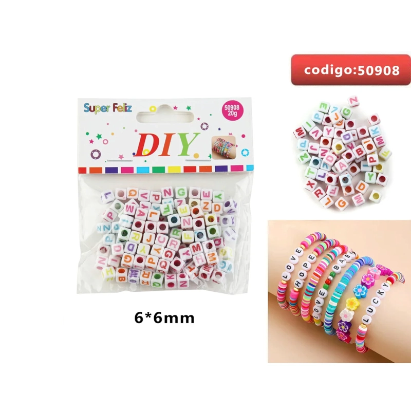 CUENTAS CUBICAS CON LETRAS DE COLORES PARA PULSERAS 6X6MM 50908 - 1