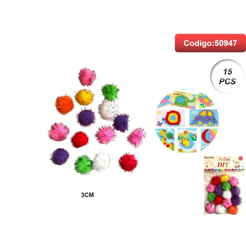 POMPONES BRILLANTES CON PURPURINA EN COLORES SURTIDOS 3CM 50947 - 1