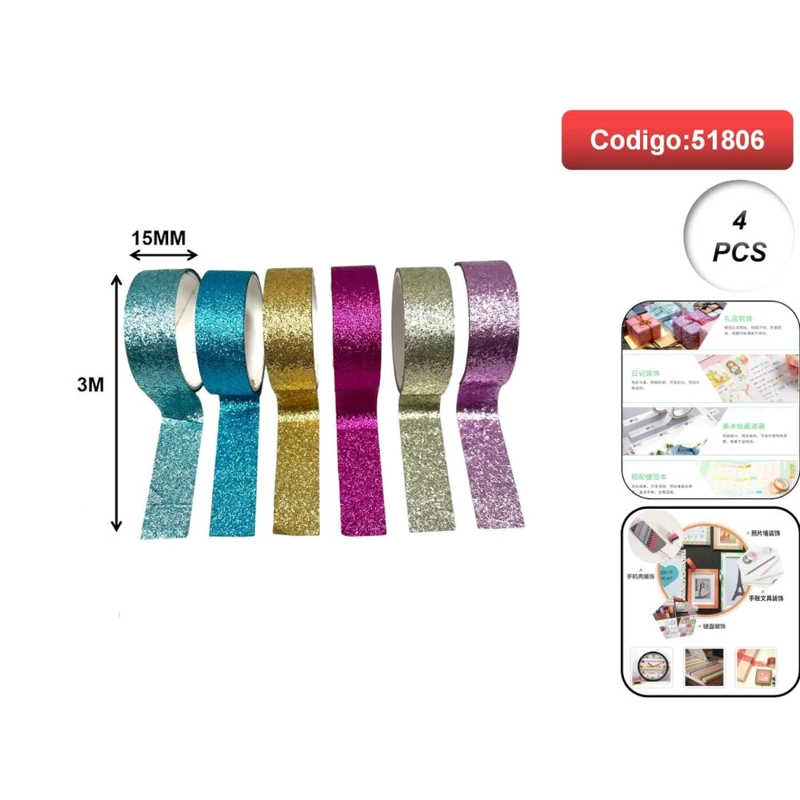 CINTA DECORATIVA TIPO WASHI METALIZADA CON BRILLO 15MM X 3M 51806 - 1