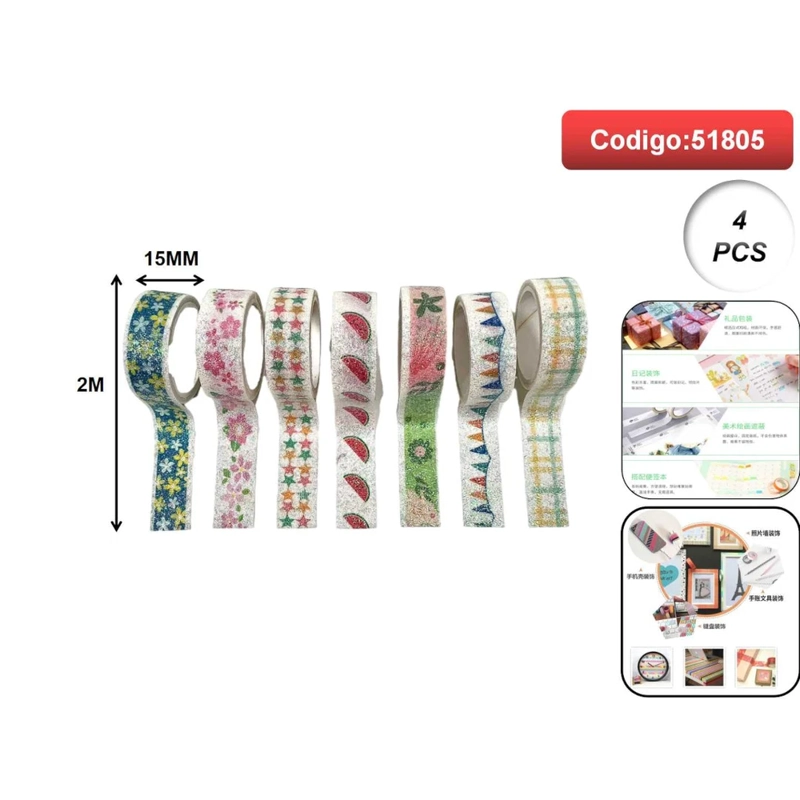 CINTA DECORATIVA TIPO WASHI CON ESTAMPADOS SURTIDOS 15MM X 2M 51805 - 1