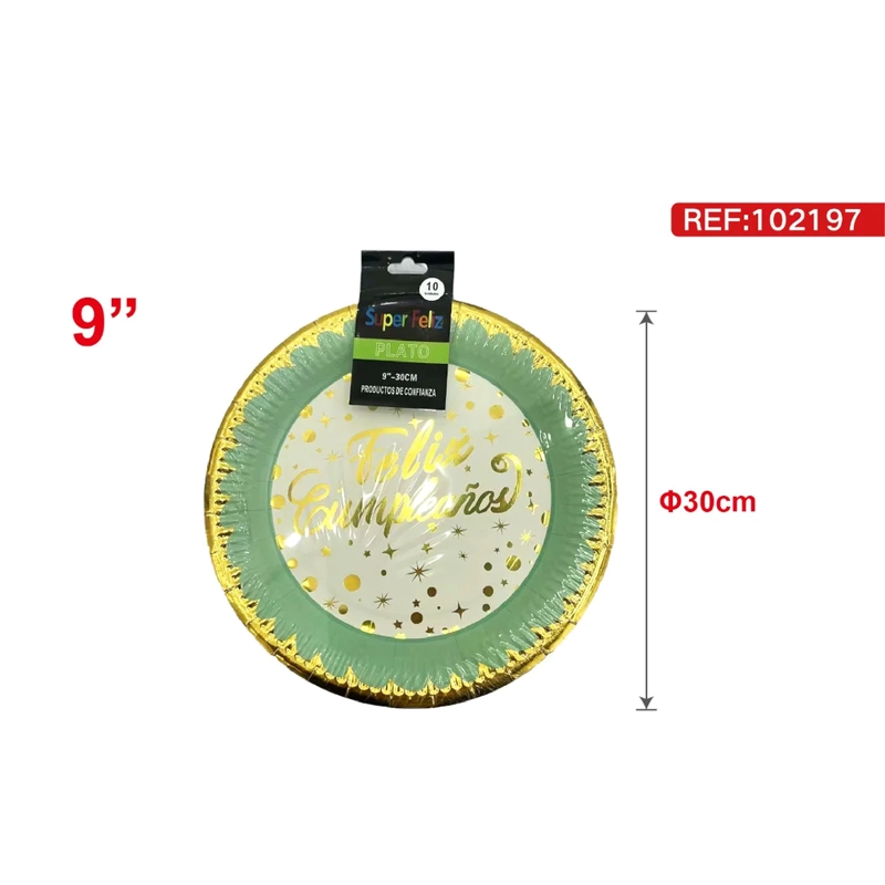 PLATO CON DISEÑO FELIZ CUMPLEAÑOS, BORDE VERDE Y DORADO 9 PULGADAS 102197 - 1