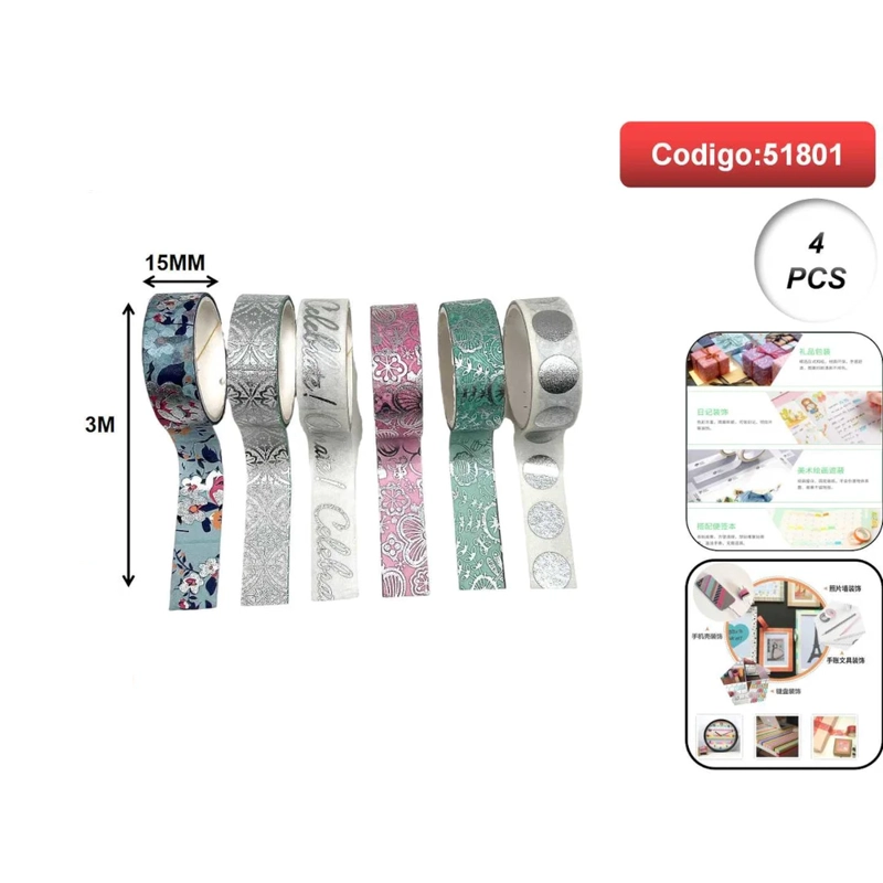SET DE CINTAS ADHESIVAS DECORATIVAS CON BRILLO Y ESTAMPADOS SURTIDOS 15MM X 3 METROS 51801 - 1