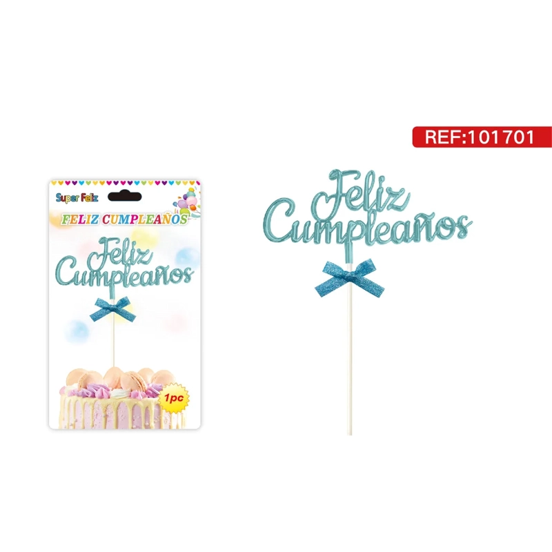 TOPPER PARA TORTA CON TEXTO FELIZ CUMPLEAÑOS COLOR CELESTE CON MOÑO 101701 - 1