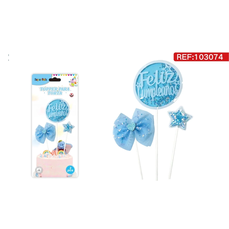 TOPPER PARA TORTA CON CIRCULO CELESTE CON TEXTO FELIZ CUMPLEAÑOS, MOÑO Y ESTRELLA 103074 - 1