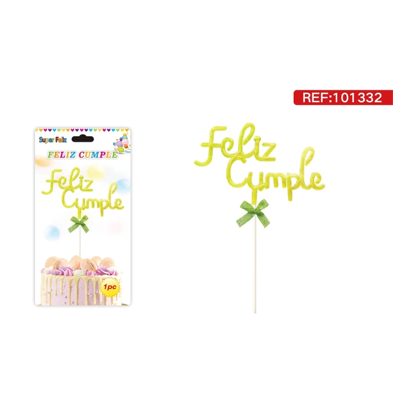 TOPPER PARA TORTA CON TEXTO FELIZ CUMPLE COLOR VERDE LIMON CON MOÑO 101332 - 1