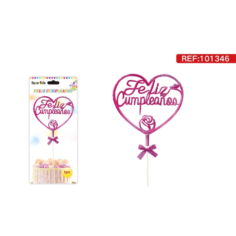 TOPPER PARA TORTA CON CORAZON FUCSIA CON TEXTO FELIZ CUMPLEAÑOS Y MOÑO 101346 - 1