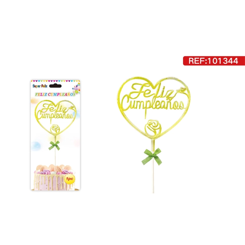 TOPPER PARA TORTA CON CORAZON AMARILLO CON TEXTO FELIZ CUMPLEAÑOS Y MOÑO 101344 - 1