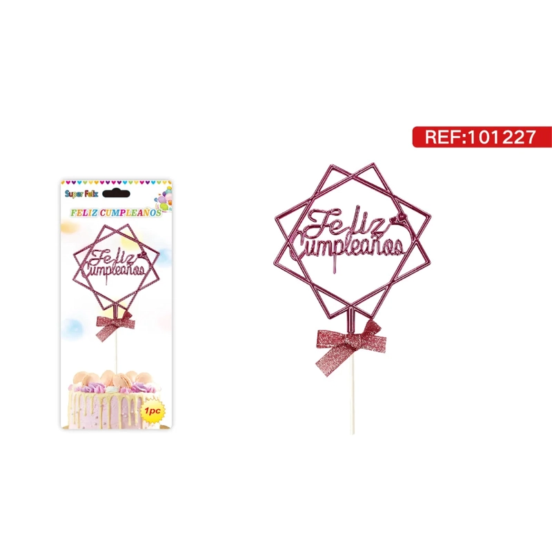 TOPPER PARA TORTA CON ROMBO FUCSIA CON TEXTO FELIZ CUMPLEAÑOS Y MOÑO 101227 - 1