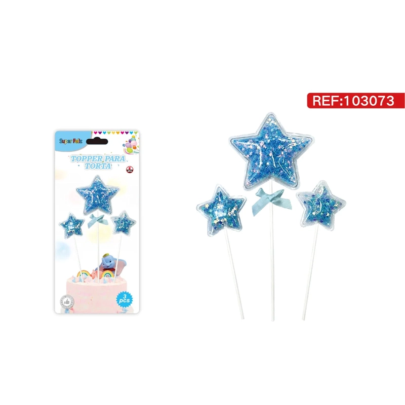 TOPPER PARA TORTA CON ESTRELLAS COLOR CELESTE CON BRILLO Y MOÑOS 103073 - 1
