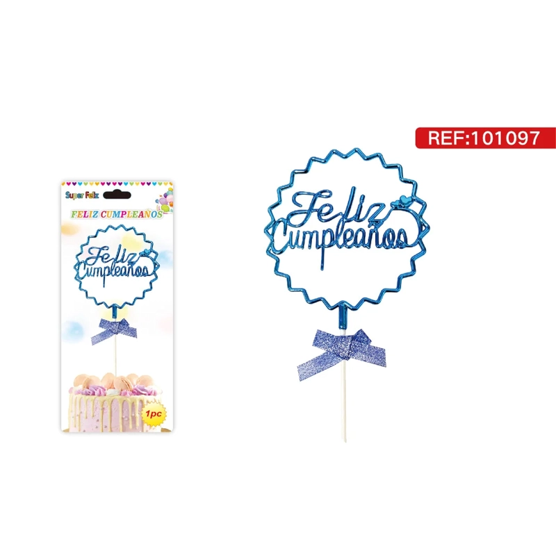 TOPPER PARA TORTA CON CIRCULO AZUL FESTONEADO CON TEXTO FELIZ CUMPLEAÑOS Y MOÑO 101097 - 1