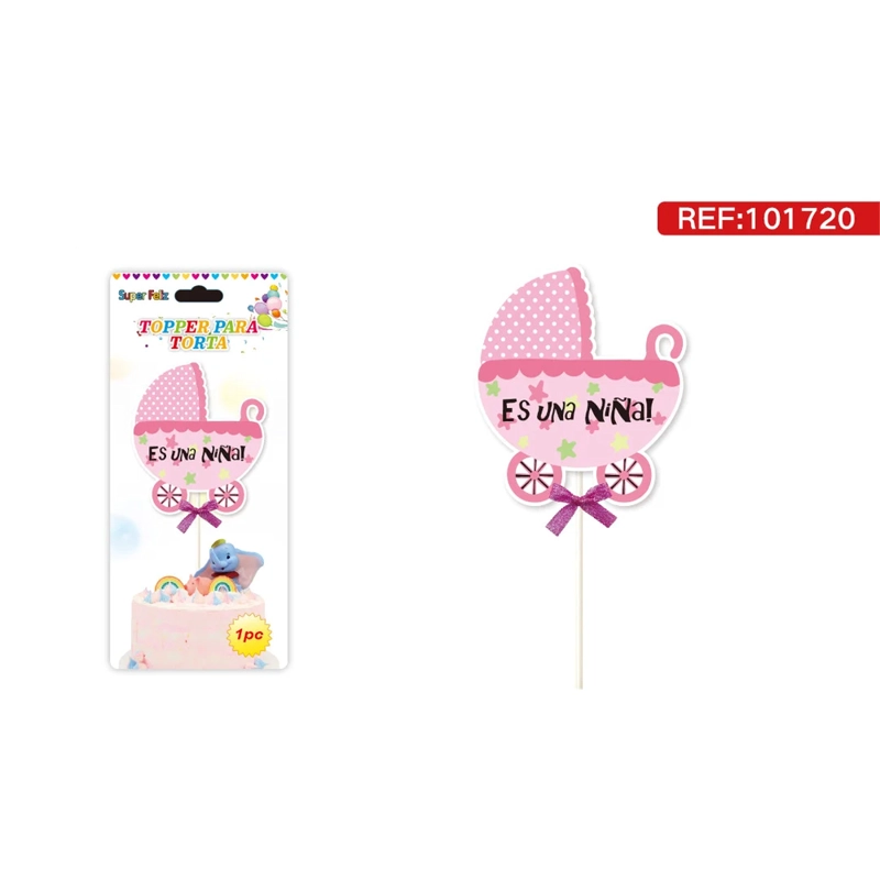 TOPPER PARA TORTA CON COCHE DE BEBE  ROSADO Y TEXTO ES UNA NIÑA 101720 - 1