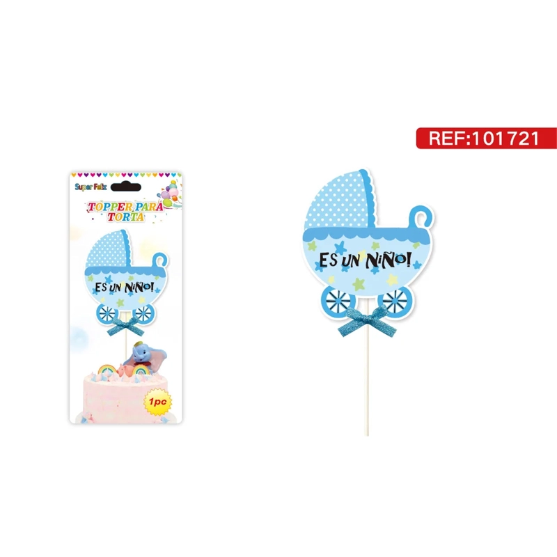 TOPPER PARA TORTA CON COCHE DE BEBE  CELESTE Y TEXTO ES UN NIÑO 101721 - 1