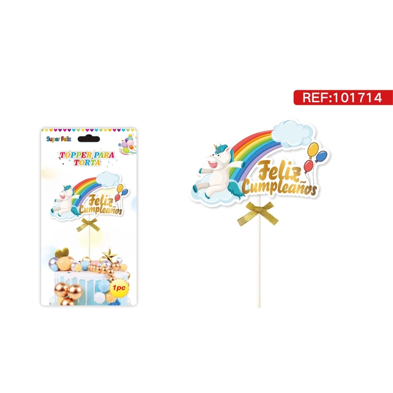 TOPPER PARA TORTA CON ARCOIRIS CON UNICORNIO Y TEXTO FELIZ CUMPLEAÑOS 101714 - 1