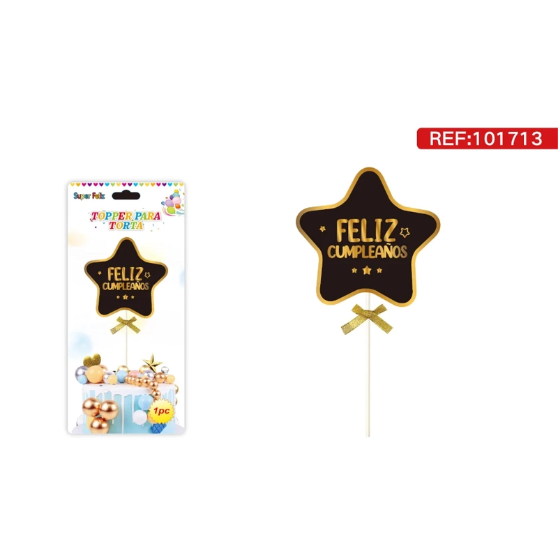 TOPPER PARA TORTA CON ESTRELLA NEGRA CON TEXTO FELIZ CUMPLEAÑOS Y MOÑO DORADO 101713 - 1