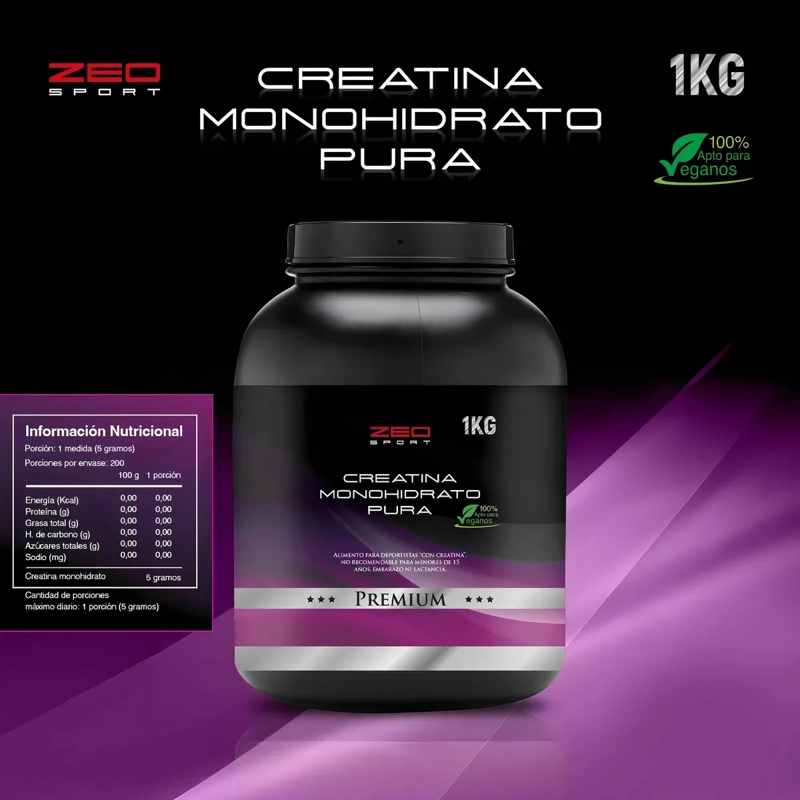CREATINA MONOHIDRATO PURA 1 K. ZEO SPORT. 200 MESH. PREMIUM SABOR SIN SABOR - 2