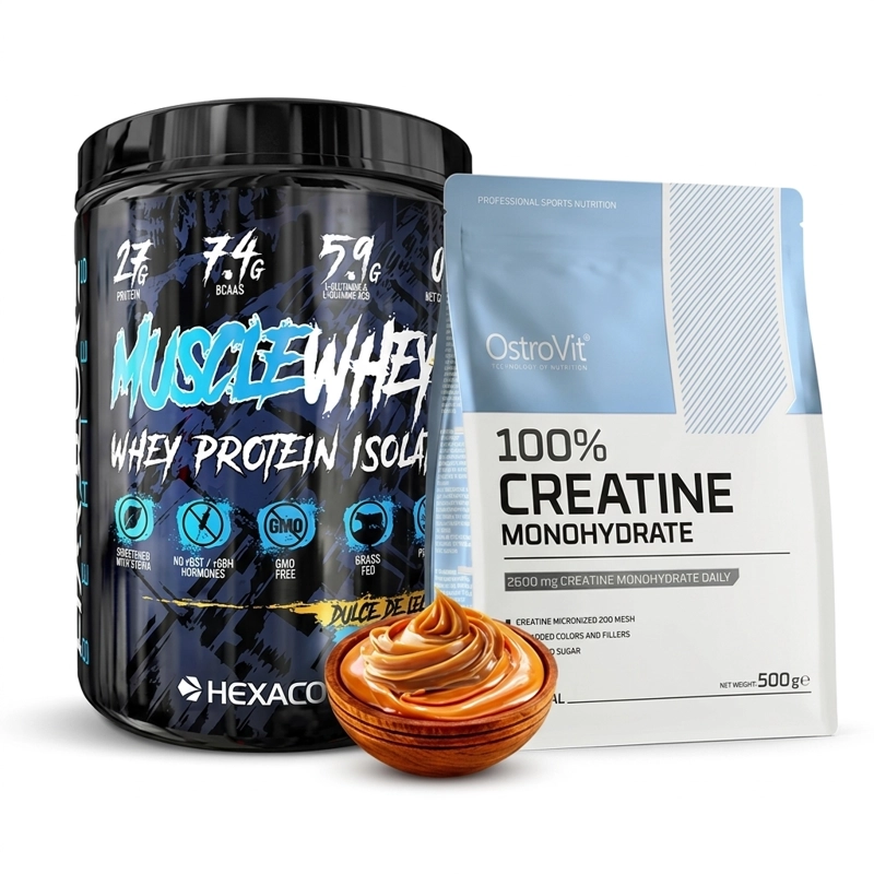 PACK MUSCLE WHEY HEXACORE DULCE DE LECHE + CREATINA OSTROVIT 500 GRS SIN SABOR - 1